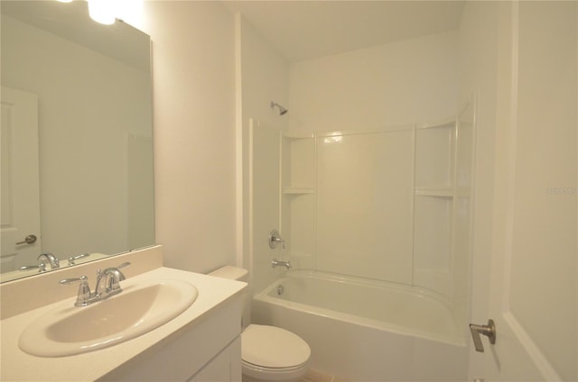 bathroom featuring toilet,  shower combination, and vanity