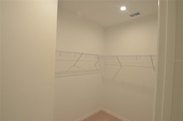 walk in closet featuring visible vents and carpet