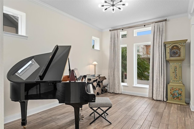 sitting room featuring ornamental molding, a textured ceiling, and wood finished floors