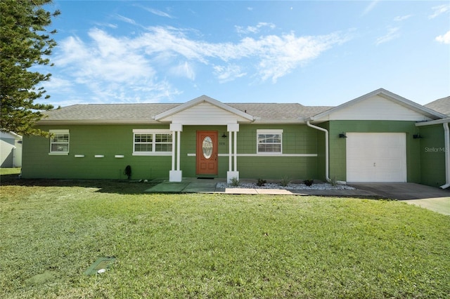 ranch-style home featuring concrete driveway, an attached garage, a front lawn, and a shingled roof