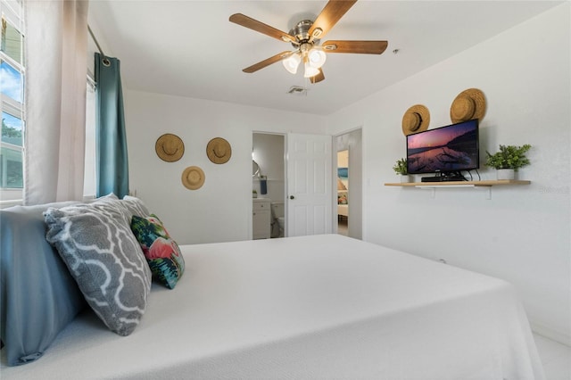 bedroom featuring visible vents and a ceiling fan