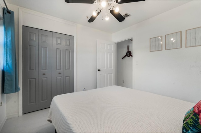 bedroom with a closet, visible vents, and a ceiling fan