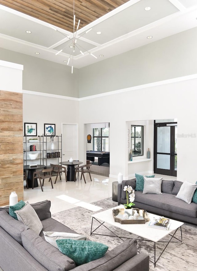 living area featuring recessed lighting, a high ceiling, billiards, and coffered ceiling