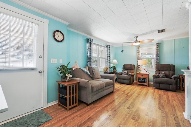 living area featuring visible vents, crown molding, ceiling fan, baseboards, and light wood-style floors