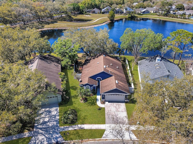 drone / aerial view featuring a water view