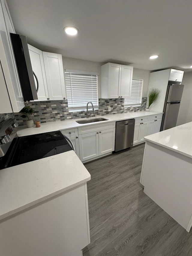 kitchen featuring decorative backsplash, dark wood-style flooring, appliances with stainless steel finishes, and a sink