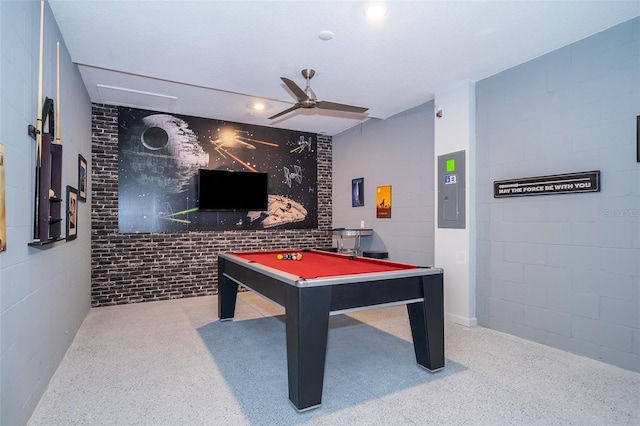 recreation room featuring billiards, electric panel, speckled floor, and ceiling fan