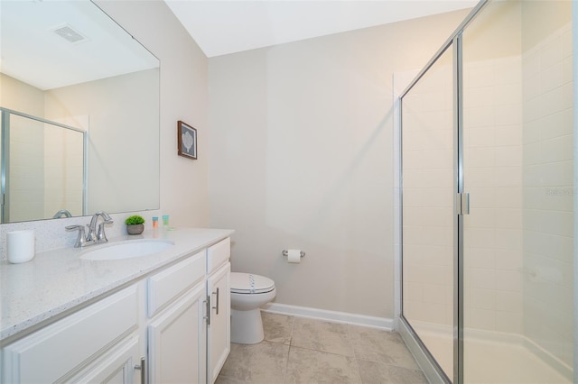 bathroom featuring tile patterned floors, visible vents, toilet, a shower stall, and vanity