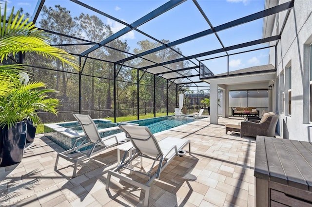 view of patio with an outdoor pool, an in ground hot tub, and a lanai