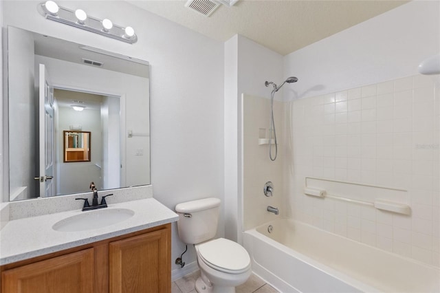 full bath featuring vanity, visible vents, tile patterned flooring, shower / tub combination, and toilet