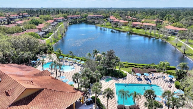 aerial view featuring a water view