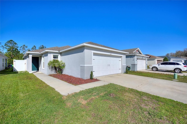 ranch-style home with stucco siding, driveway, a front lawn, and a garage