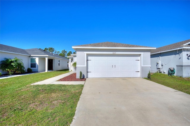 ranch-style home with stucco siding, driveway, and a front yard