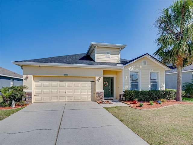 view of front of home featuring stone siding, an attached garage, concrete driveway, and a front lawn