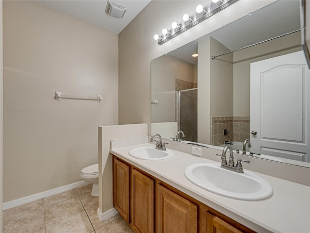 full bath with visible vents, a shower stall, toilet, and a sink