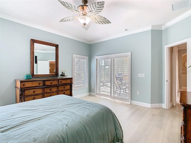 bedroom with visible vents, ornamental molding, access to outside, light wood-style floors, and baseboards