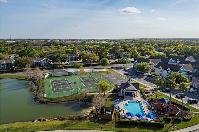 bird's eye view with a water view and a residential view