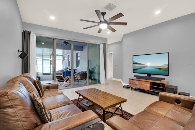 living area featuring light tile patterned floors, visible vents, recessed lighting, and a ceiling fan