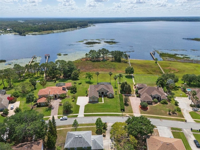 birds eye view of property with a water view and a residential view