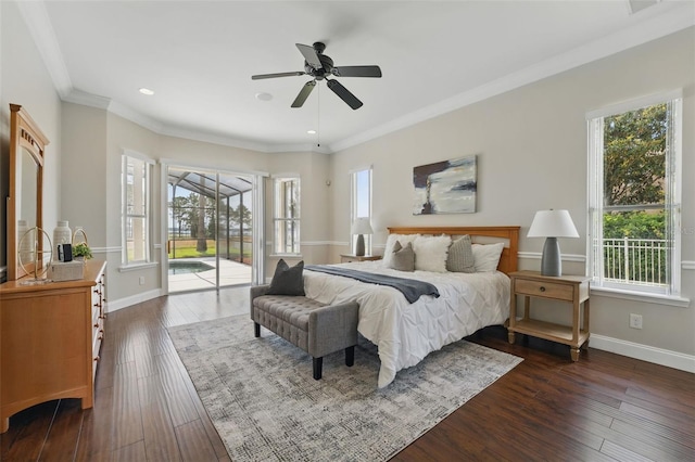 bedroom with access to outside, crown molding, dark wood-style floors, baseboards, and recessed lighting