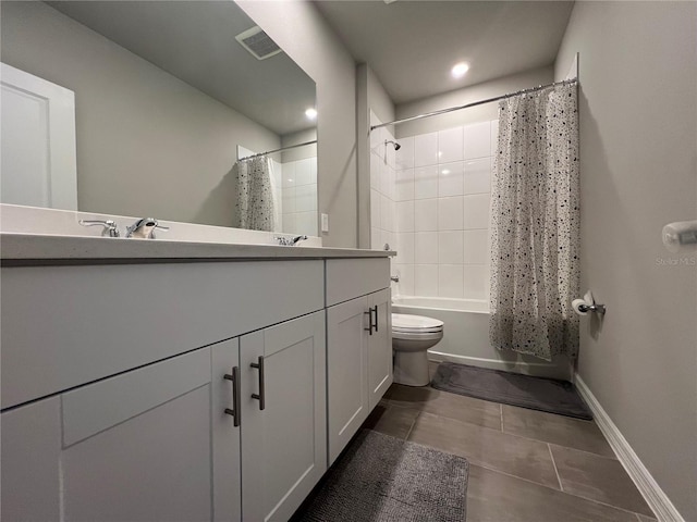full bathroom featuring visible vents, baseboards, toilet, double vanity, and shower / bath combination with curtain
