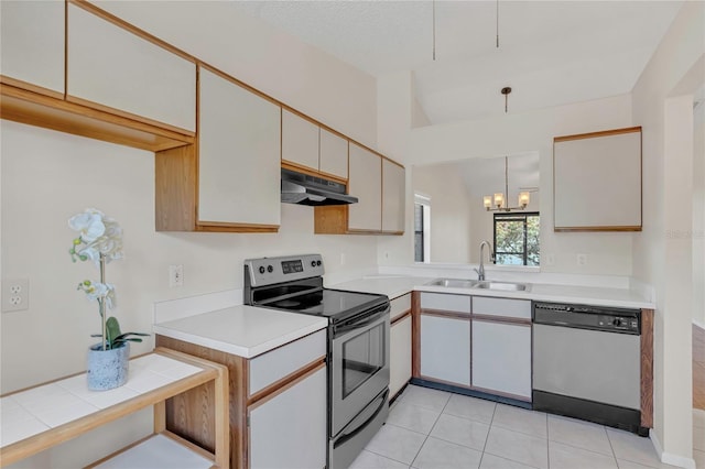 2435 King Oak Ln, Saint Cloud, FL 34769 - kitchen with electric stove, under cabinet range hood, a sink, light countertops, and dishwashing machine