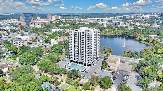 bird's eye view featuring a city view and a water view