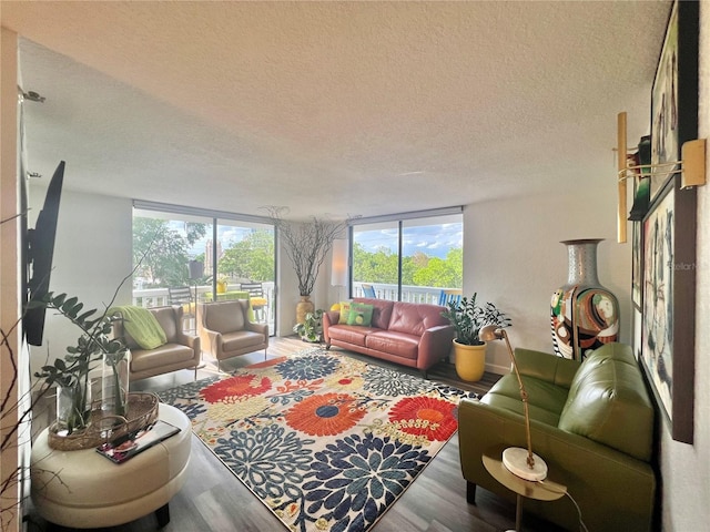 living area with a textured ceiling and wood finished floors