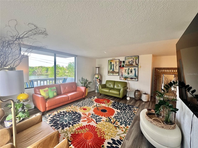 living room with a textured ceiling, wood finished floors, and a water view