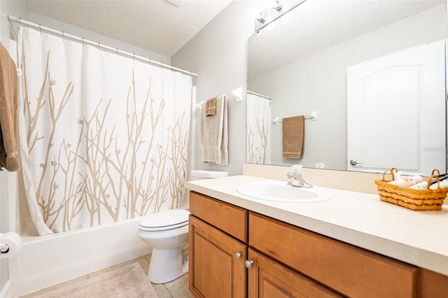 bathroom with toilet, vanity, shower / bathtub combination with curtain, a textured ceiling, and tile patterned flooring