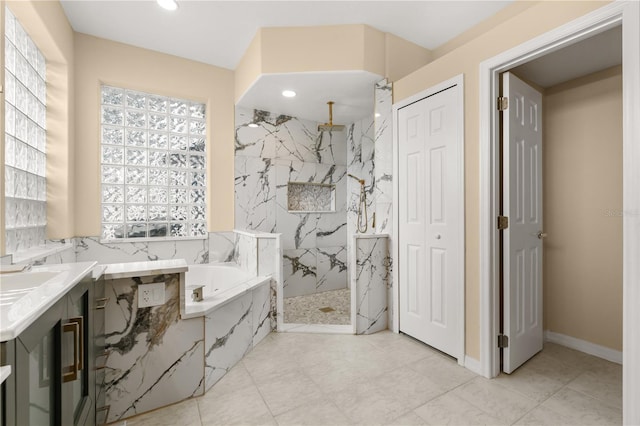 3637 Rothbury Dr, Belle Isle, FL 32812 - full bath with recessed lighting, a marble finish shower, a bath, and a healthy amount of sunlight