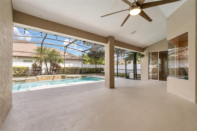 3637 Rothbury Dr, Belle Isle, FL 32812 - view of pool with ceiling fan, glass enclosure, fence, a fenced in pool, and a patio