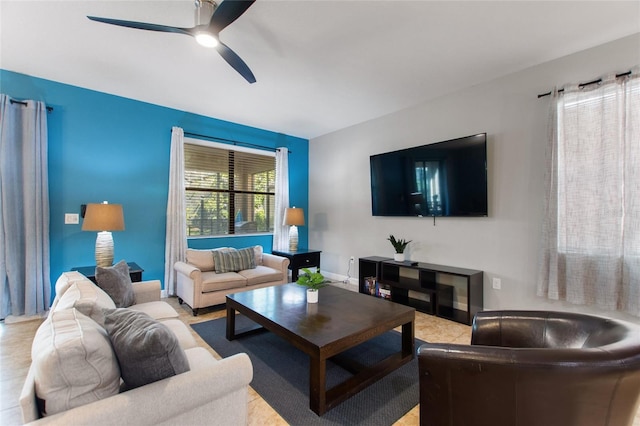 living room featuring ceiling fan
