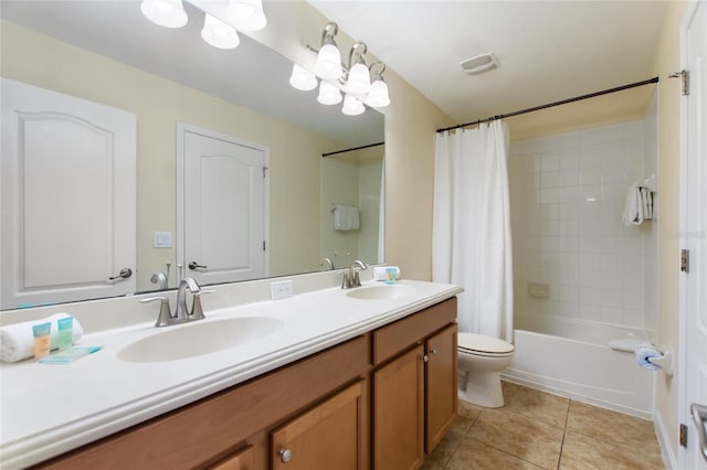 bathroom with tile patterned floors, shower / tub combo, double vanity, and a sink