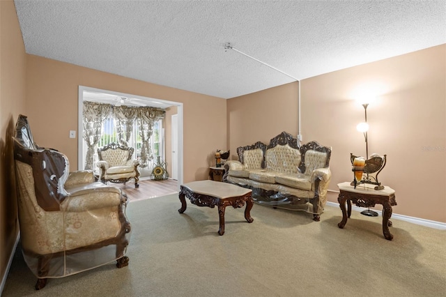 carpeted living room with baseboards and a textured ceiling