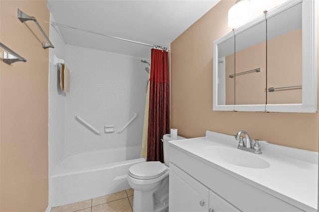 bathroom featuring shower / bath combo, toilet, tile patterned flooring, and vanity