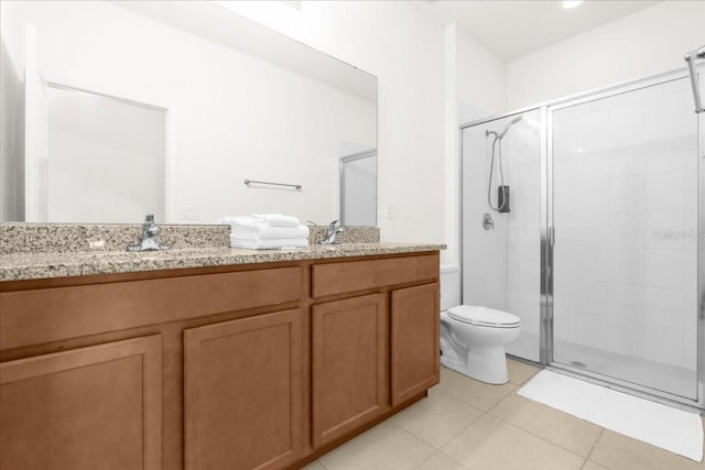 full bath with a sink, a stall shower, tile patterned flooring, and toilet