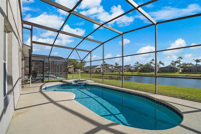 1048 Lake Berkley Dr, Kissimmee, FL 34746 - view of swimming pool featuring a water view, a pool with connected hot tub, a patio, a residential view, and a lanai