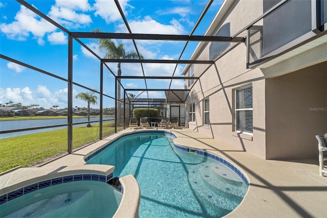 1048 Lake Berkley Dr, Kissimmee, FL 34746 - view of swimming pool featuring a patio area, glass enclosure, a water view, and a pool with connected hot tub