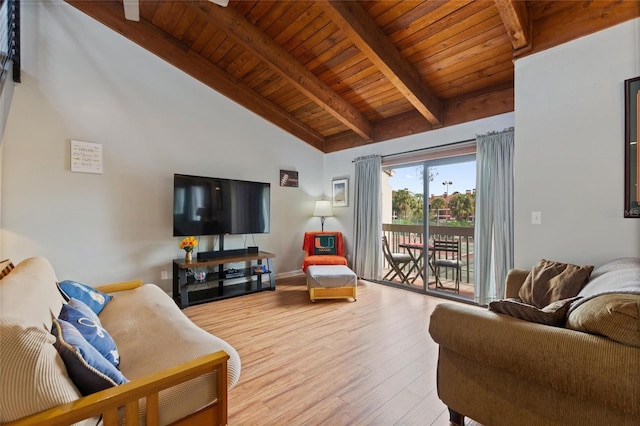 living area featuring wooden ceiling, high vaulted ceiling, baseboards, beamed ceiling, and wood finished floors