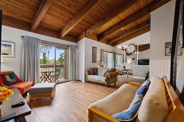 living area with wood finished floors, an inviting chandelier, wood ceiling, vaulted ceiling with beams, and wainscoting