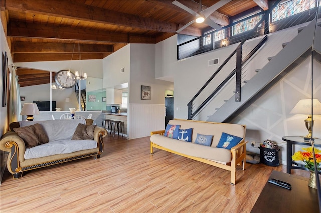 living area featuring visible vents, a chandelier, wood finished floors, stairway, and wood ceiling