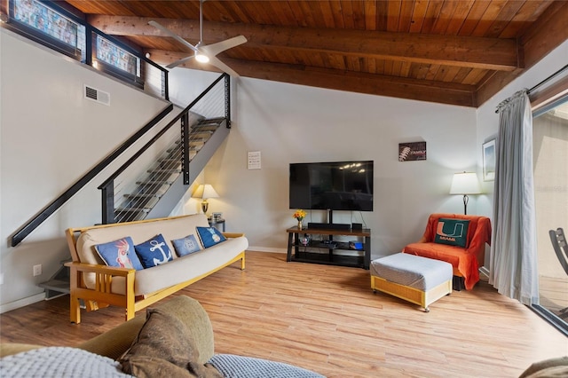living room with visible vents, stairway, wood ceiling, and wood finished floors