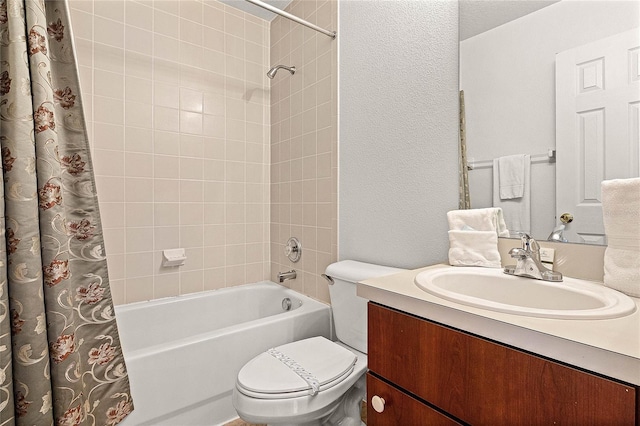 1149 S Beach Cir, Kissimmee, FL 34746 - bathroom featuring toilet, shower / bathtub combination with curtain, vanity, and a textured wall