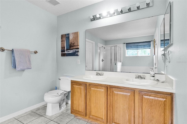 full bath with a shower stall, tile patterned floors, visible vents, and a sink