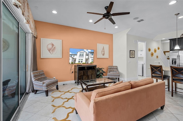 510 Captiva Dr, Davenport, FL 33896 - living room with light tile patterned flooring, stairs, a ceiling fan, visible vents, and recessed lighting