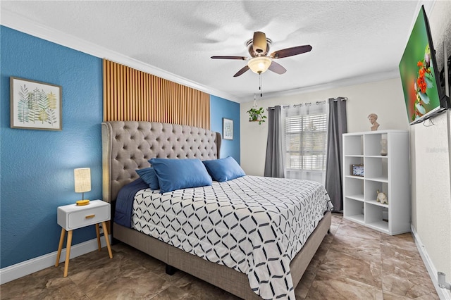 bedroom with baseboards, crown molding, a textured wall, and a textured ceiling