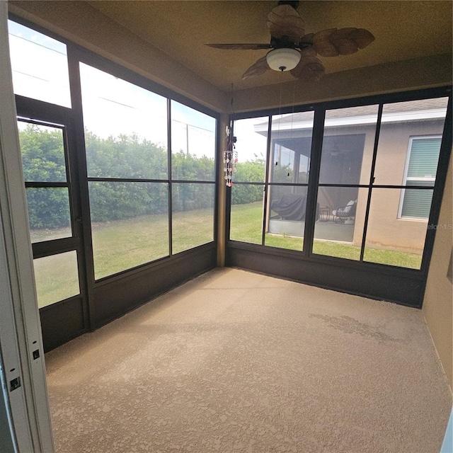 unfurnished sunroom with carpet floors and ceiling fan