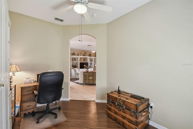 155 Cape Florida Dr, Poinciana, FL 34759 - office area with wood finished floors, visible vents, arched walkways, and ceiling fan
