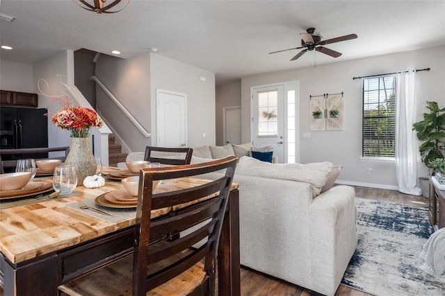 dining space with stairway, recessed lighting, baseboards, dark wood finished floors, and a ceiling fan